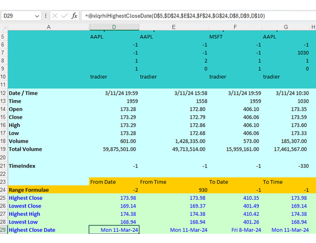 Tradier Historic Intraday Excel 1