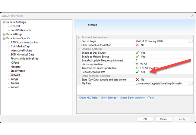 Schwab Preferences (Request Account Info must be set to yes for any account data to be requested)